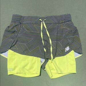 New Balance Black and Neon Yellow 2n1 Running Shorts